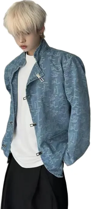 NCDUANSAN New Chinese printed men's denim jacket, niche button up long sleeved jacket, casual and fashionable design hip-hop