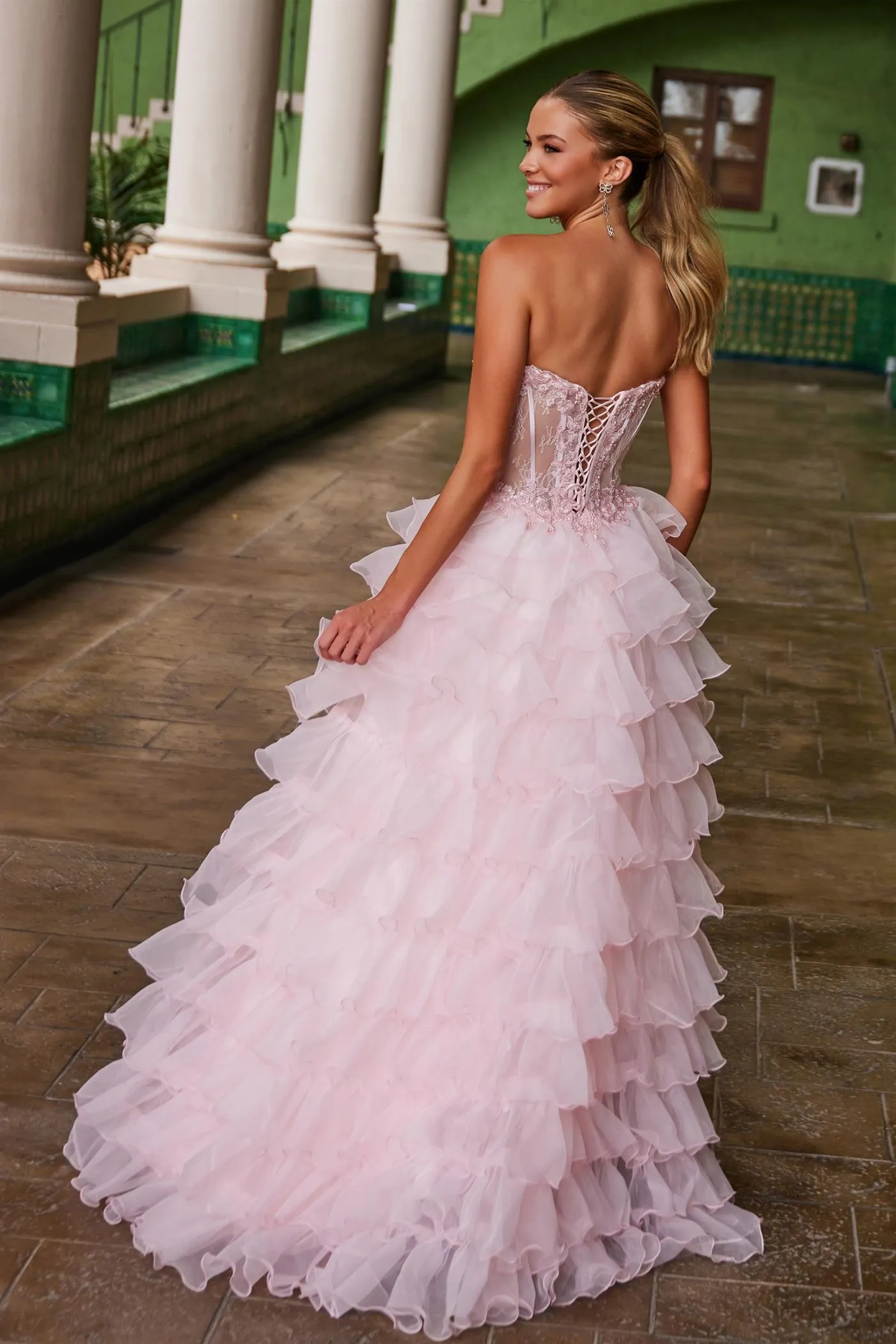 Nox Anabel R1688 Size 0,6,14 Light Blue Lace Corset Ruffle A Line Prom Dress Maxi Slit Layered ballgown Formal Strapless