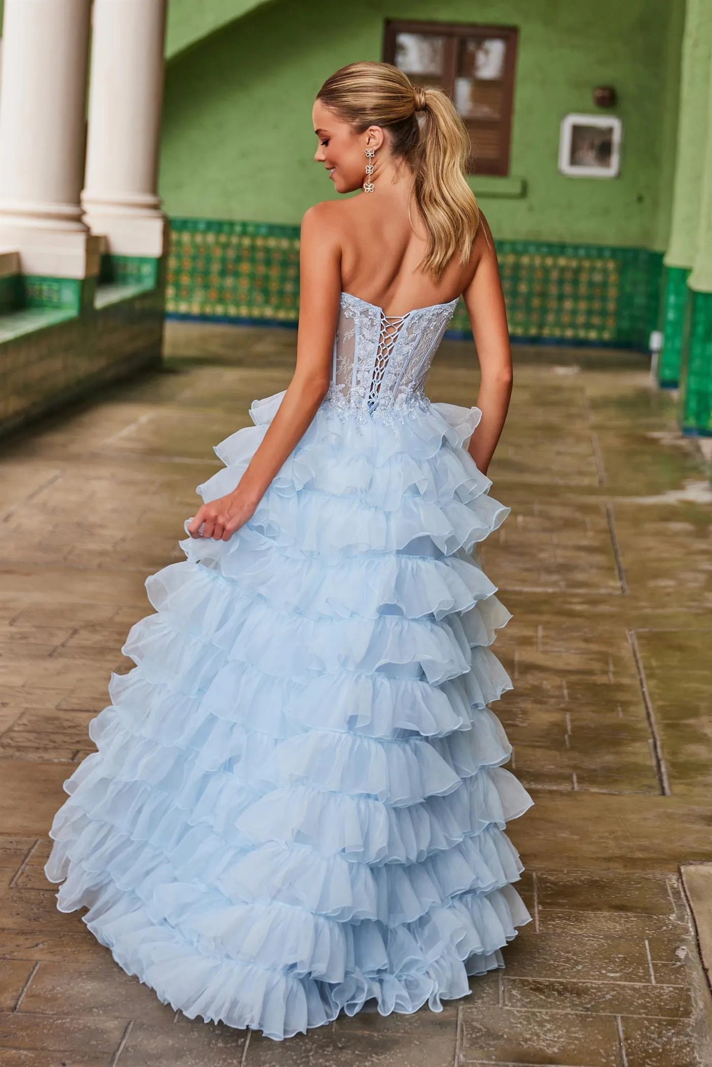 Nox Anabel R1688 Size 0,6,14 Light Blue Lace Corset Ruffle A Line Prom Dress Maxi Slit Layered ballgown Formal Strapless