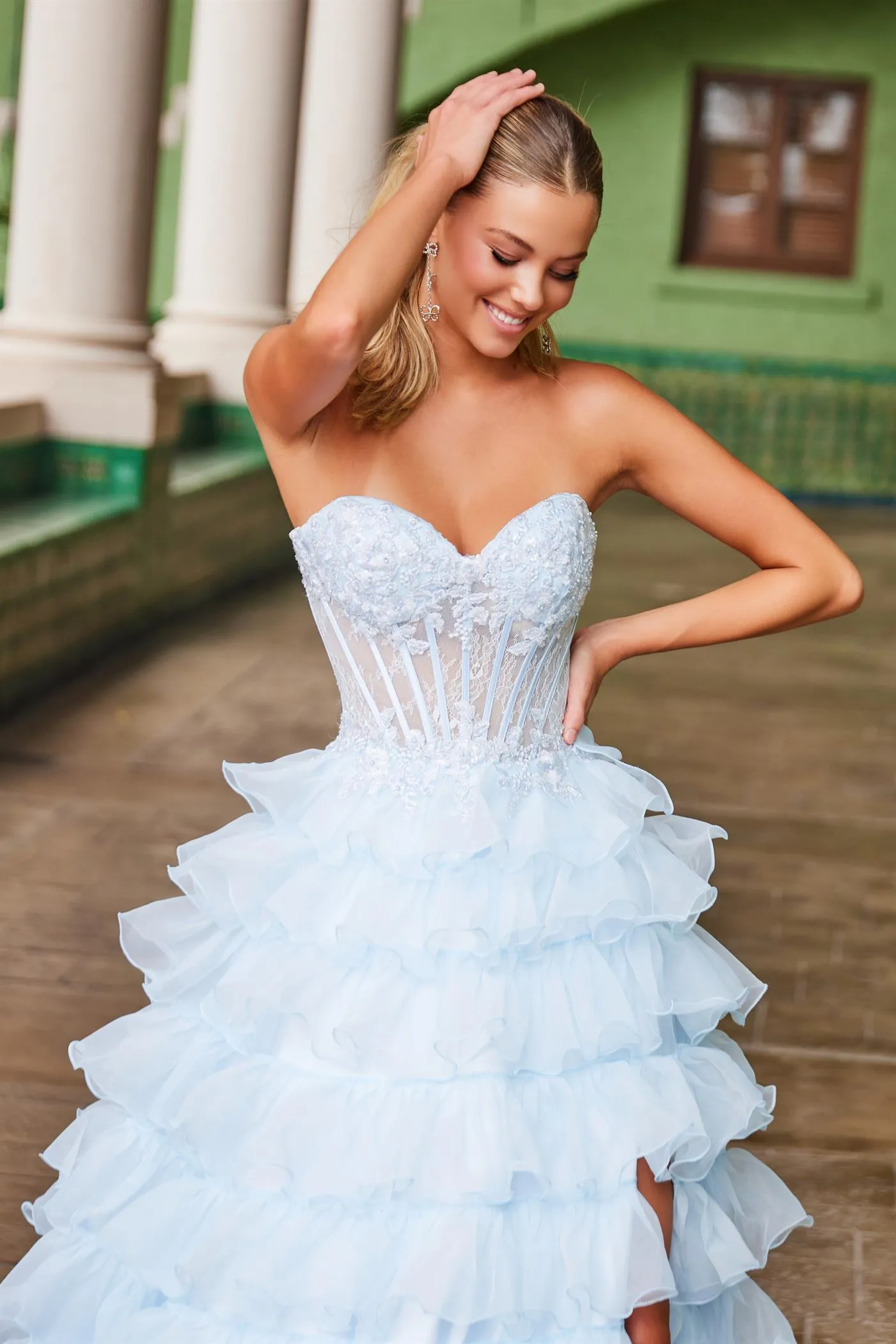 Nox Anabel R1688 Size 0,6,14 Light Blue Lace Corset Ruffle A Line Prom Dress Maxi Slit Layered ballgown Formal Strapless