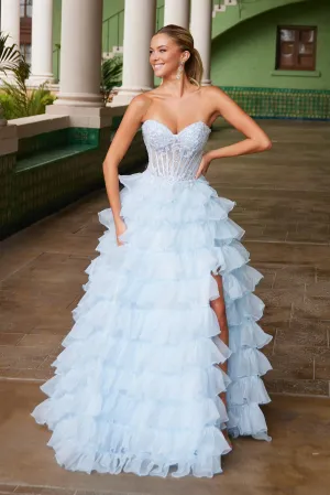 Nox Anabel R1688 Size 0,6,14 Light Blue Lace Corset Ruffle A Line Prom Dress Maxi Slit Layered ballgown Formal Strapless