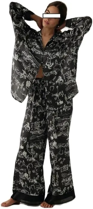 NUFIWI Women Cute Graphic 2 Pieces Pajama Sets Animal Graffiti Long Sleeve Shirts Elastic Waist Pants Sleepsuit Loungewear
