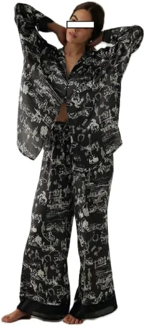 NUFIWI Women Cute Graphic 2 Pieces Pajama Sets Animal Graffiti Long Sleeve Shirts Elastic Waist Pants Sleepsuit Loungewear