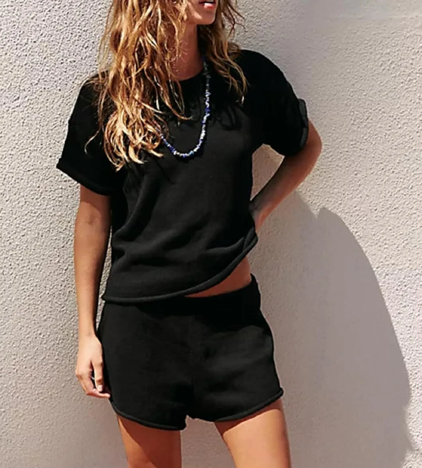 NUFIWI Women Two Pieces Sweater Shorts Lounge Sets Casual Short Sleeve Knit Tshirt and Shorts Knitted Loungewear Pajama sets