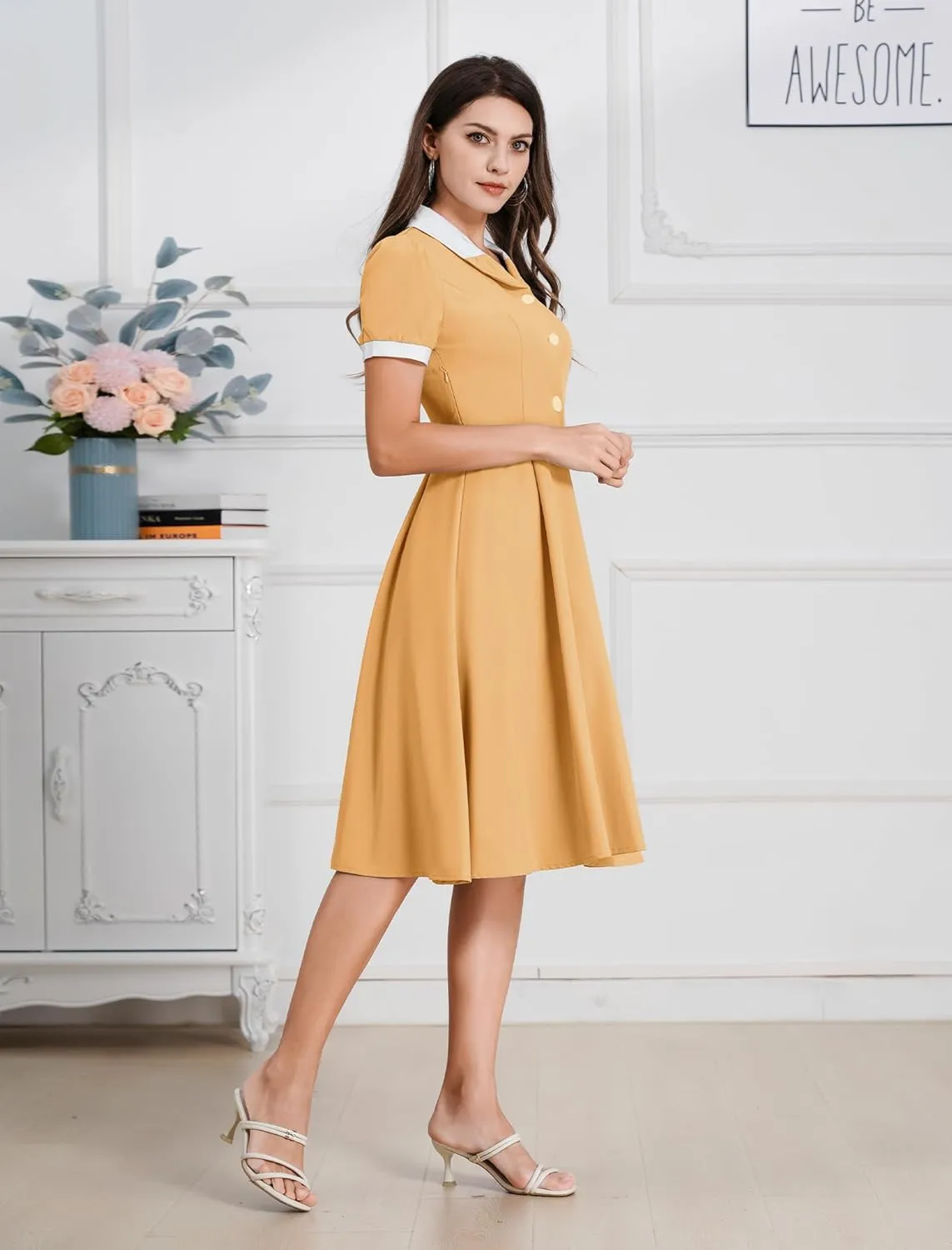 ODIZLI 1950s Dresses for Women 50s Dress Retro Dress Short Puff Sleeve V Neck Swing Dress Cocktail Dress