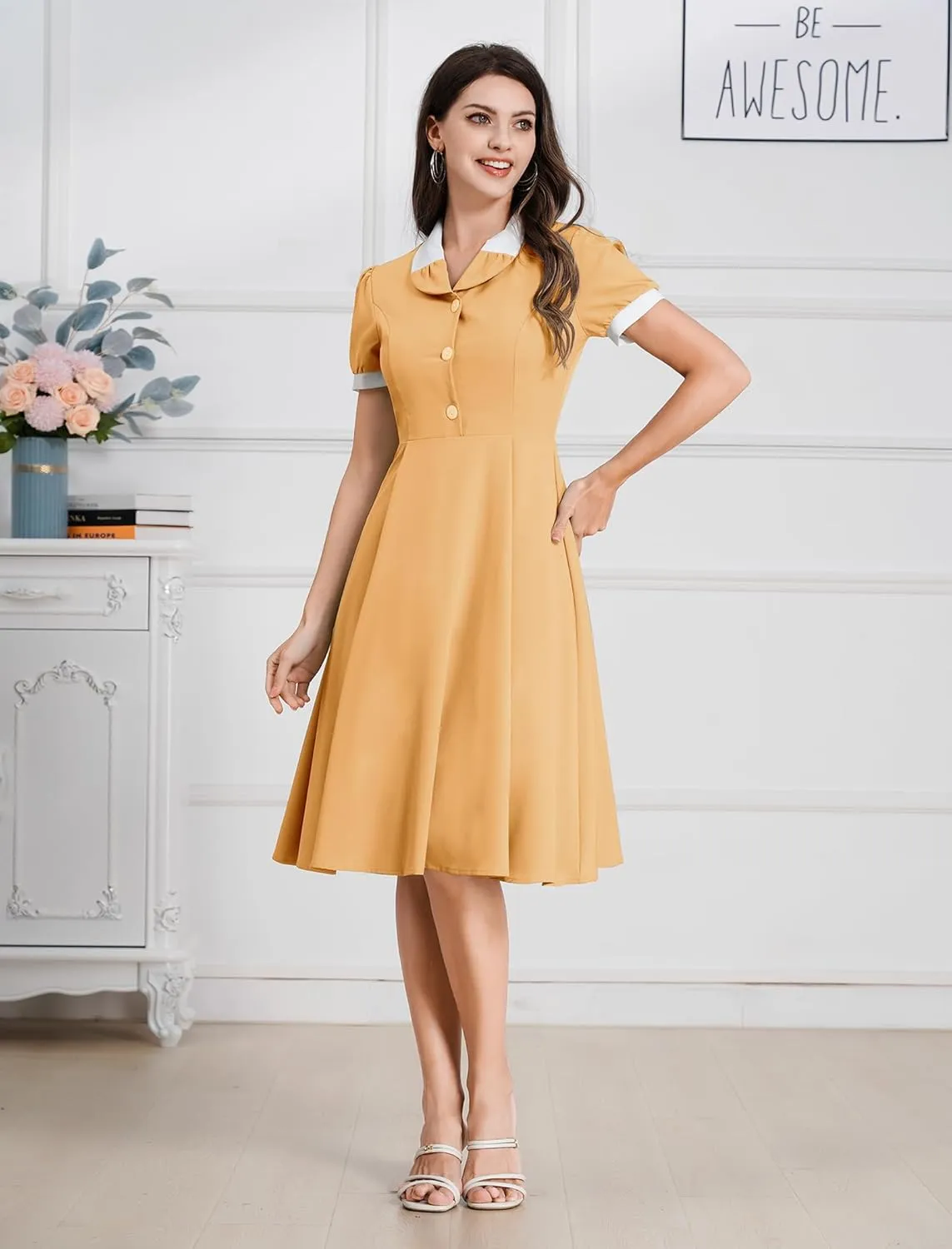 ODIZLI 1950s Dresses for Women 50s Dress Retro Dress Short Puff Sleeve V Neck Swing Dress Cocktail Dress