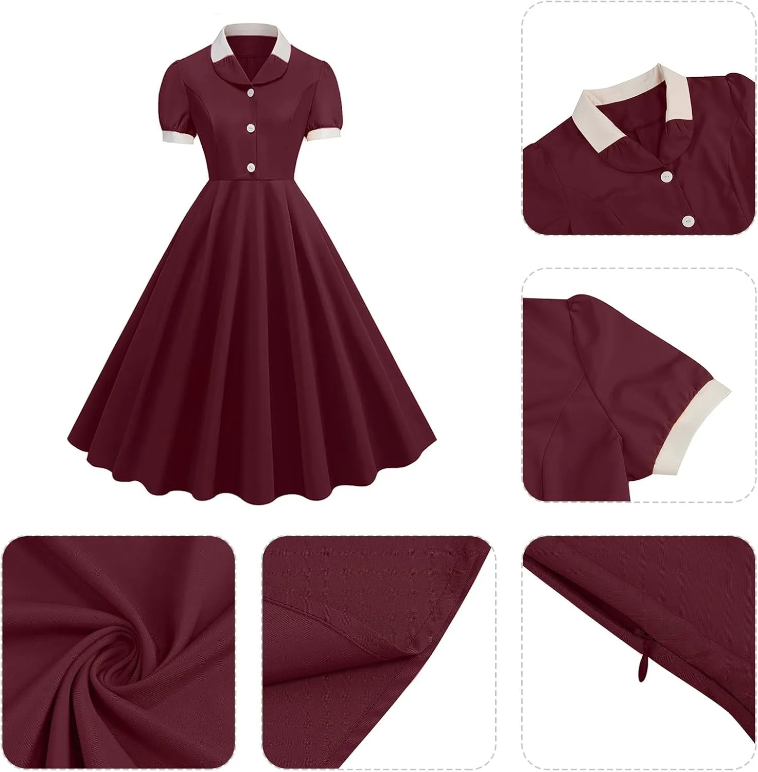 ODIZLI 1950s Dresses for Women 50s Dress Retro Dress Short Puff Sleeve V Neck Swing Dress Cocktail Dress