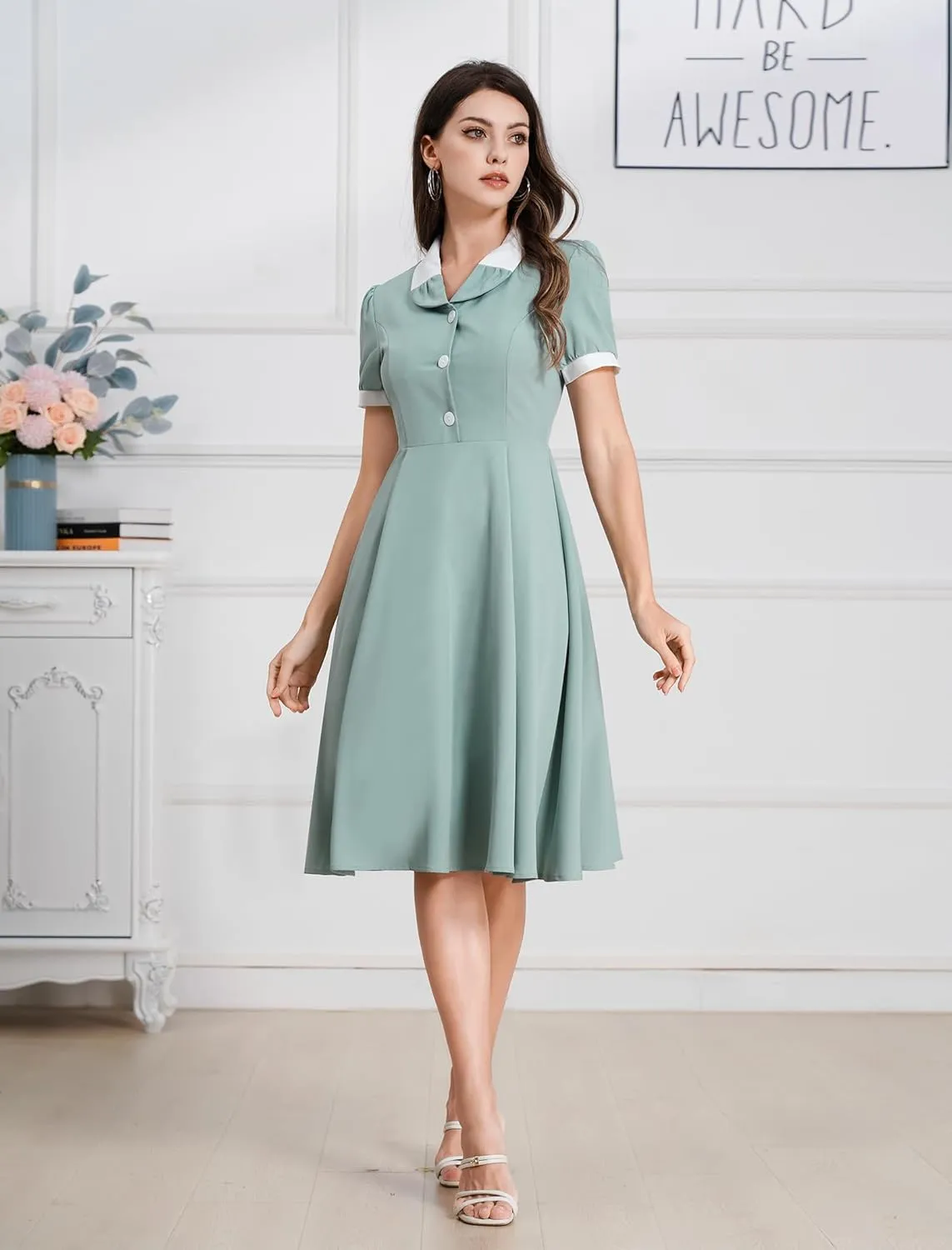 ODIZLI 1950s Dresses for Women 50s Dress Retro Dress Short Puff Sleeve V Neck Swing Dress Cocktail Dress