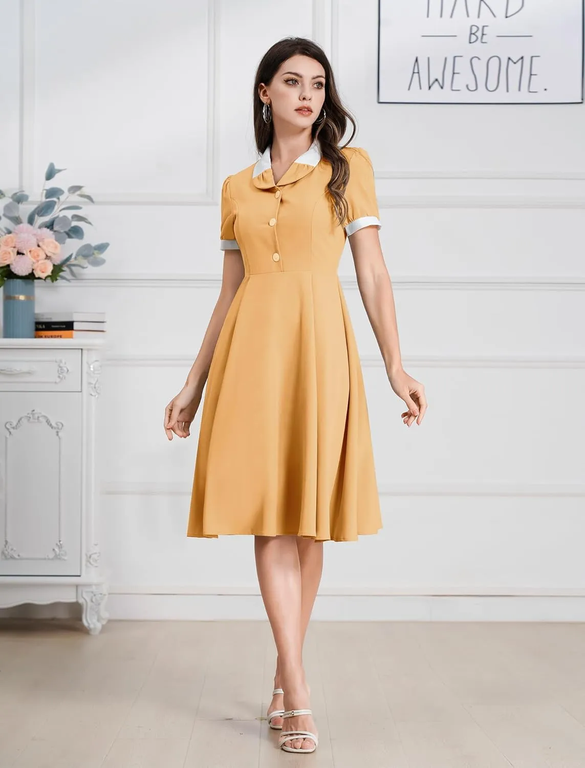 ODIZLI 1950s Dresses for Women 50s Dress Retro Dress Short Puff Sleeve V Neck Swing Dress Cocktail Dress