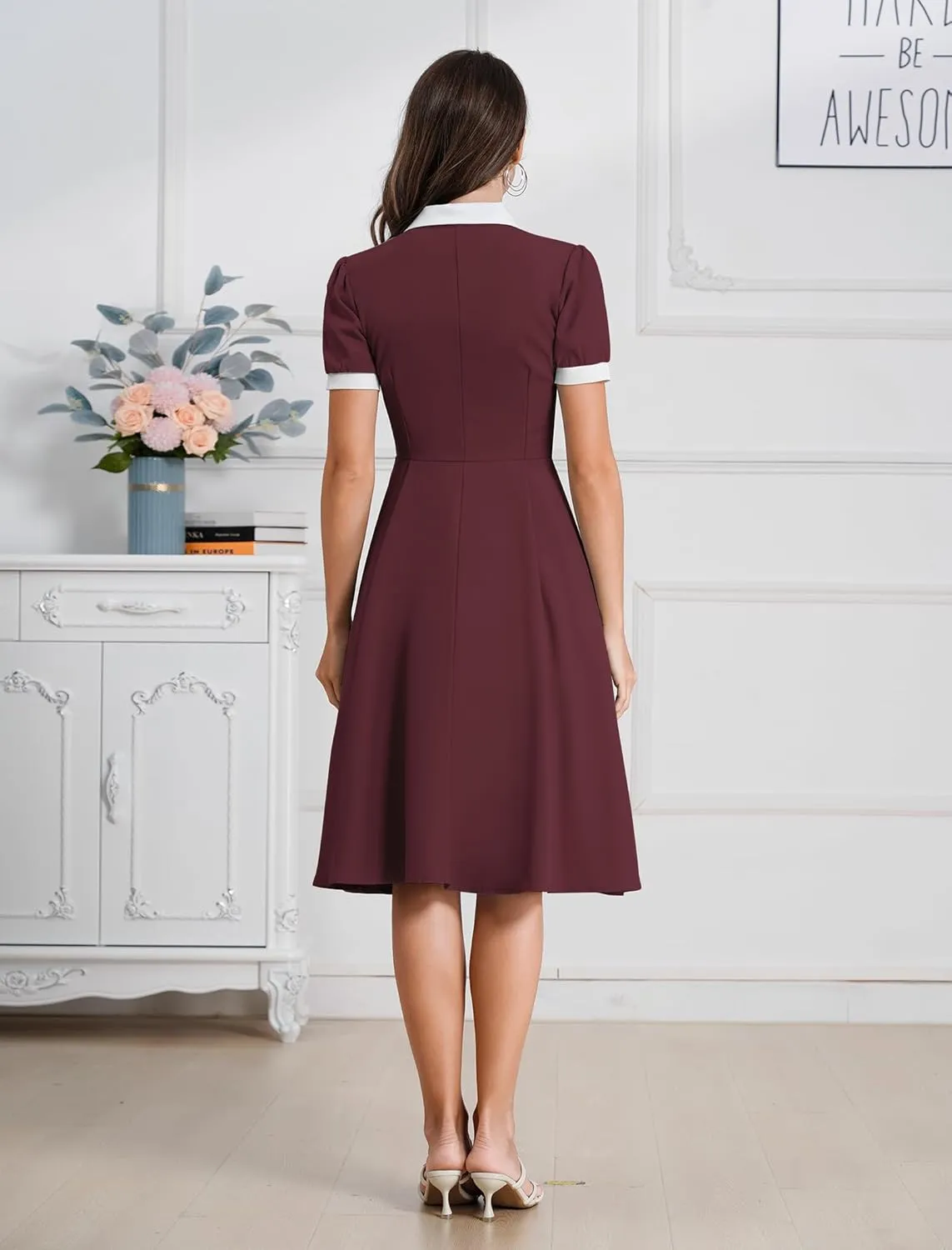 ODIZLI 1950s Dresses for Women 50s Dress Retro Dress Short Puff Sleeve V Neck Swing Dress Cocktail Dress