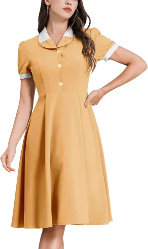 ODIZLI 1950s Dresses for Women 50s Dress Retro Dress Short Puff Sleeve V Neck Swing Dress Cocktail Dress