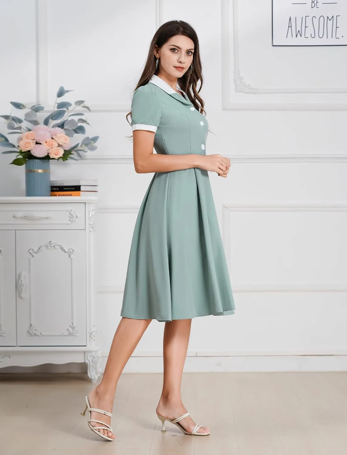 ODIZLI 1950s Dresses for Women 50s Dress Retro Dress Short Puff Sleeve V Neck Swing Dress Cocktail Dress