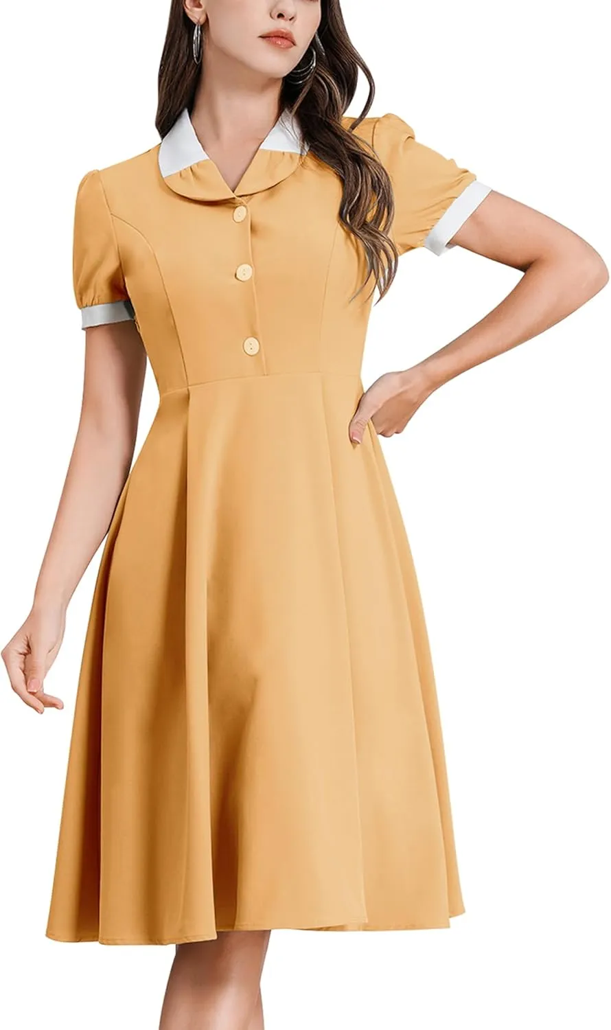 ODIZLI 1950s Dresses for Women 50s Dress Retro Dress Short Puff Sleeve V Neck Swing Dress Cocktail Dress