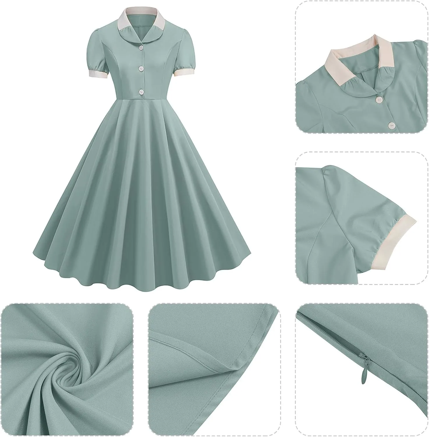 ODIZLI 1950s Dresses for Women 50s Dress Retro Dress Short Puff Sleeve V Neck Swing Dress Cocktail Dress