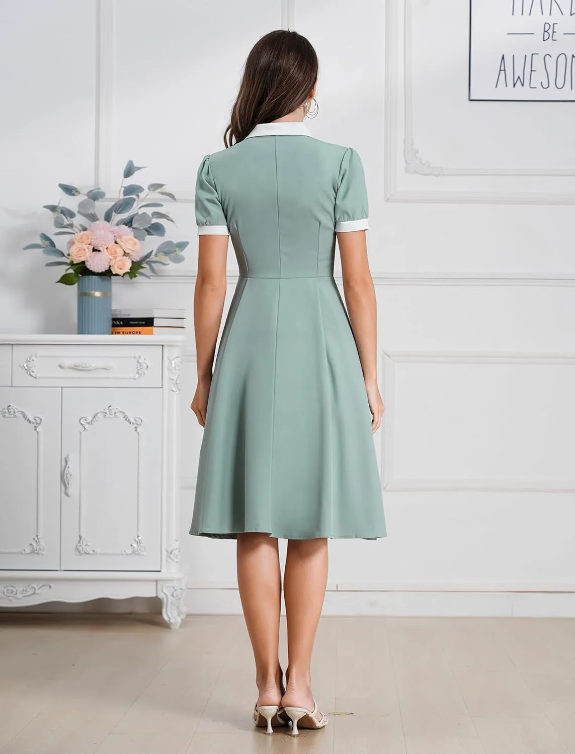 ODIZLI 1950s Dresses for Women 50s Dress Retro Dress Short Puff Sleeve V Neck Swing Dress Cocktail Dress