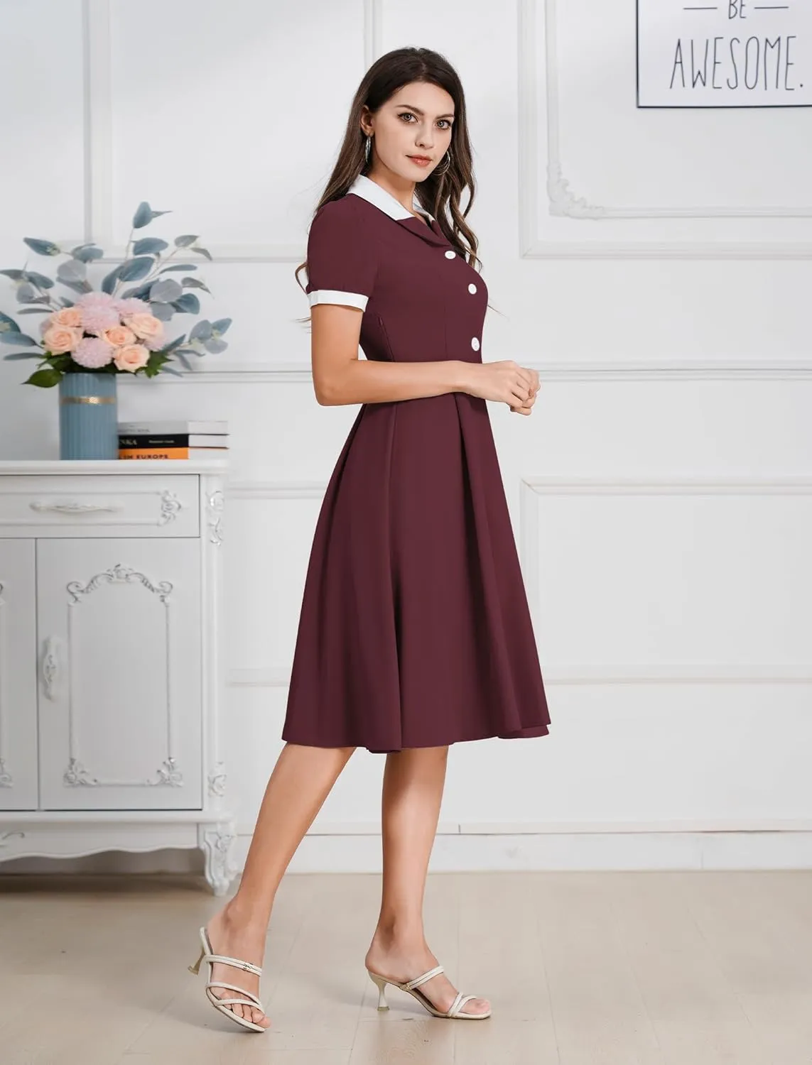 ODIZLI 1950s Dresses for Women 50s Dress Retro Dress Short Puff Sleeve V Neck Swing Dress Cocktail Dress