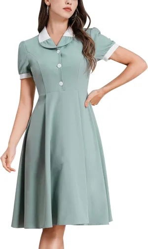 ODIZLI 1950s Dresses for Women 50s Dress Retro Dress Short Puff Sleeve V Neck Swing Dress Cocktail Dress