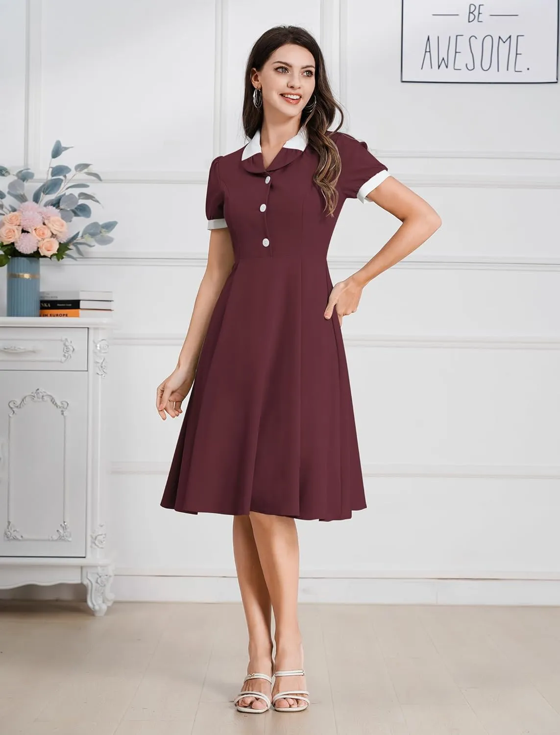 ODIZLI 1950s Dresses for Women 50s Dress Retro Dress Short Puff Sleeve V Neck Swing Dress Cocktail Dress
