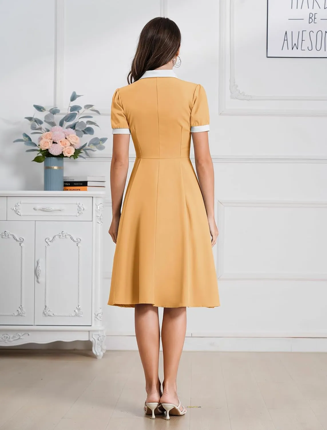 ODIZLI 1950s Dresses for Women 50s Dress Retro Dress Short Puff Sleeve V Neck Swing Dress Cocktail Dress