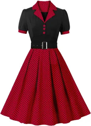 ODIZLI Women's 1950s Retro Dress Short Sleeve Notched Lapel Polka Dot Stripe Swing Dress with Belt Cocktail Dress