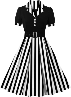 ODIZLI Women's 1950s Retro Dress Short Sleeve Notched Lapel Polka Dot Stripe Swing Dress with Belt Cocktail Dress