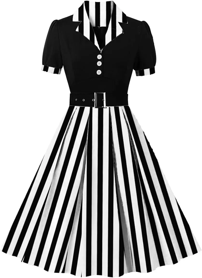 ODIZLI Women's 1950s Retro Dress Short Sleeve Notched Lapel Polka Dot Stripe Swing Dress with Belt Cocktail Dress
