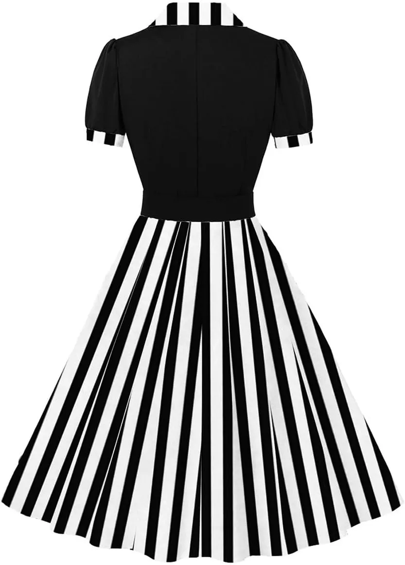 ODIZLI Women's 1950s Retro Dress Short Sleeve Notched Lapel Polka Dot Stripe Swing Dress with Belt Cocktail Dress