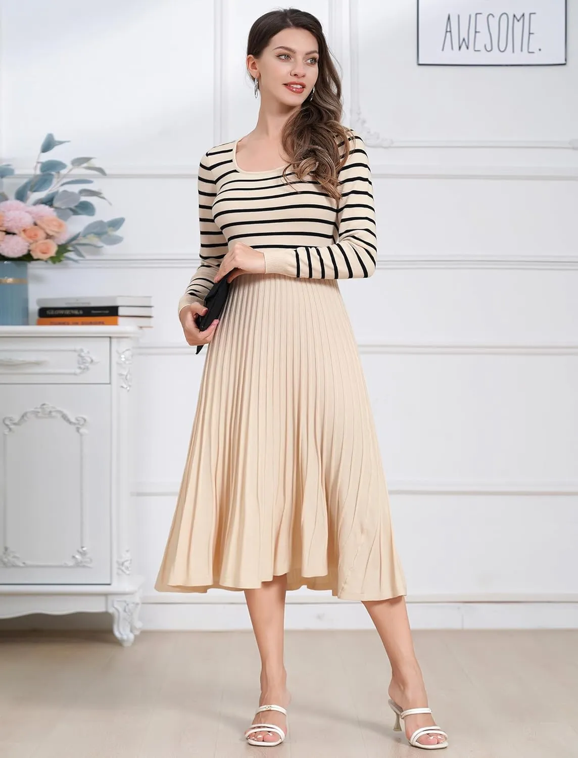 ODIZLI Women's Long Sleeve Knit Striped Sweater Dress Square Neck Pleated Ruffle Midi Dress Fall Winter