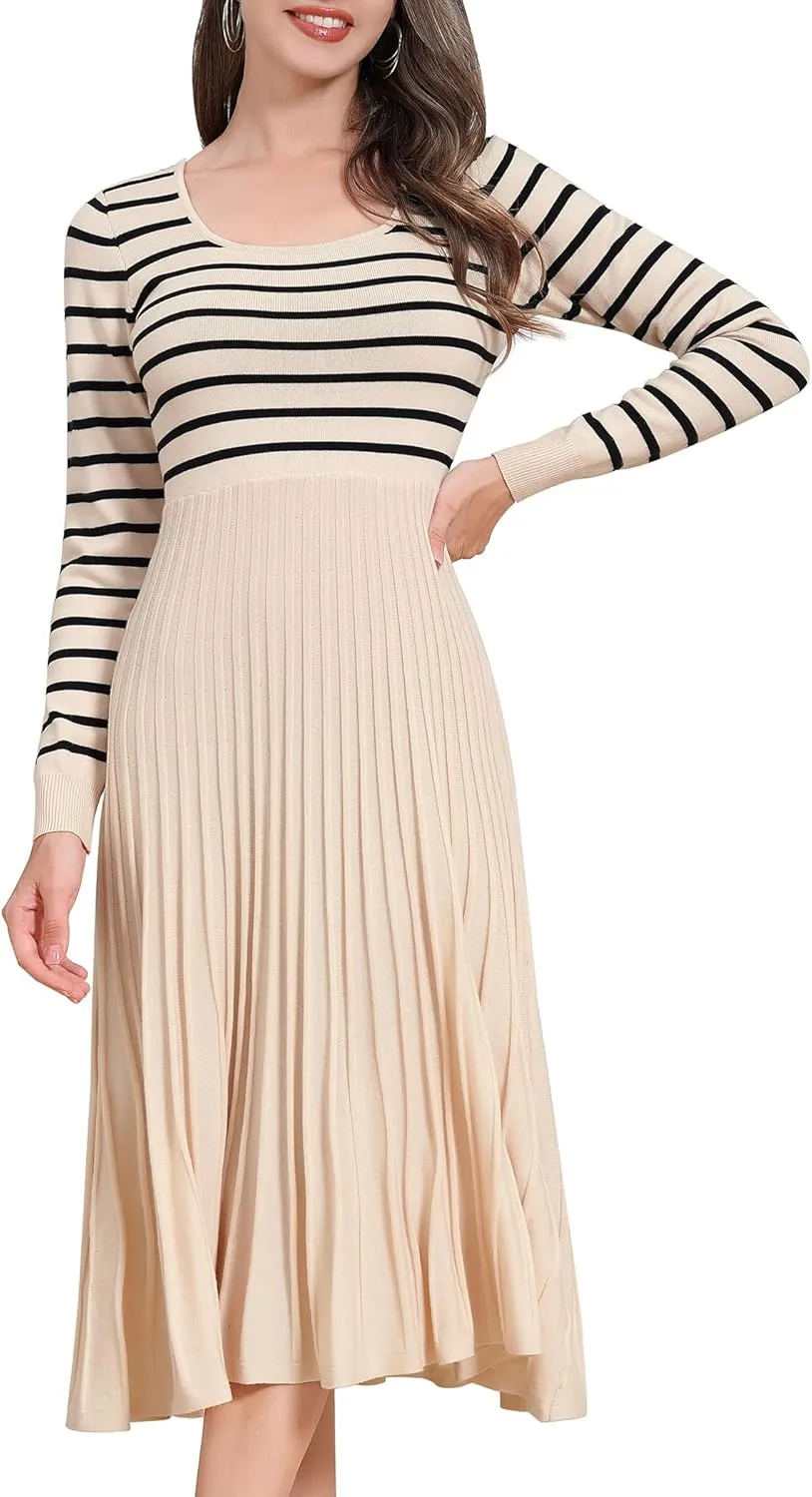 ODIZLI Women's Long Sleeve Knit Striped Sweater Dress Square Neck Pleated Ruffle Midi Dress Fall Winter