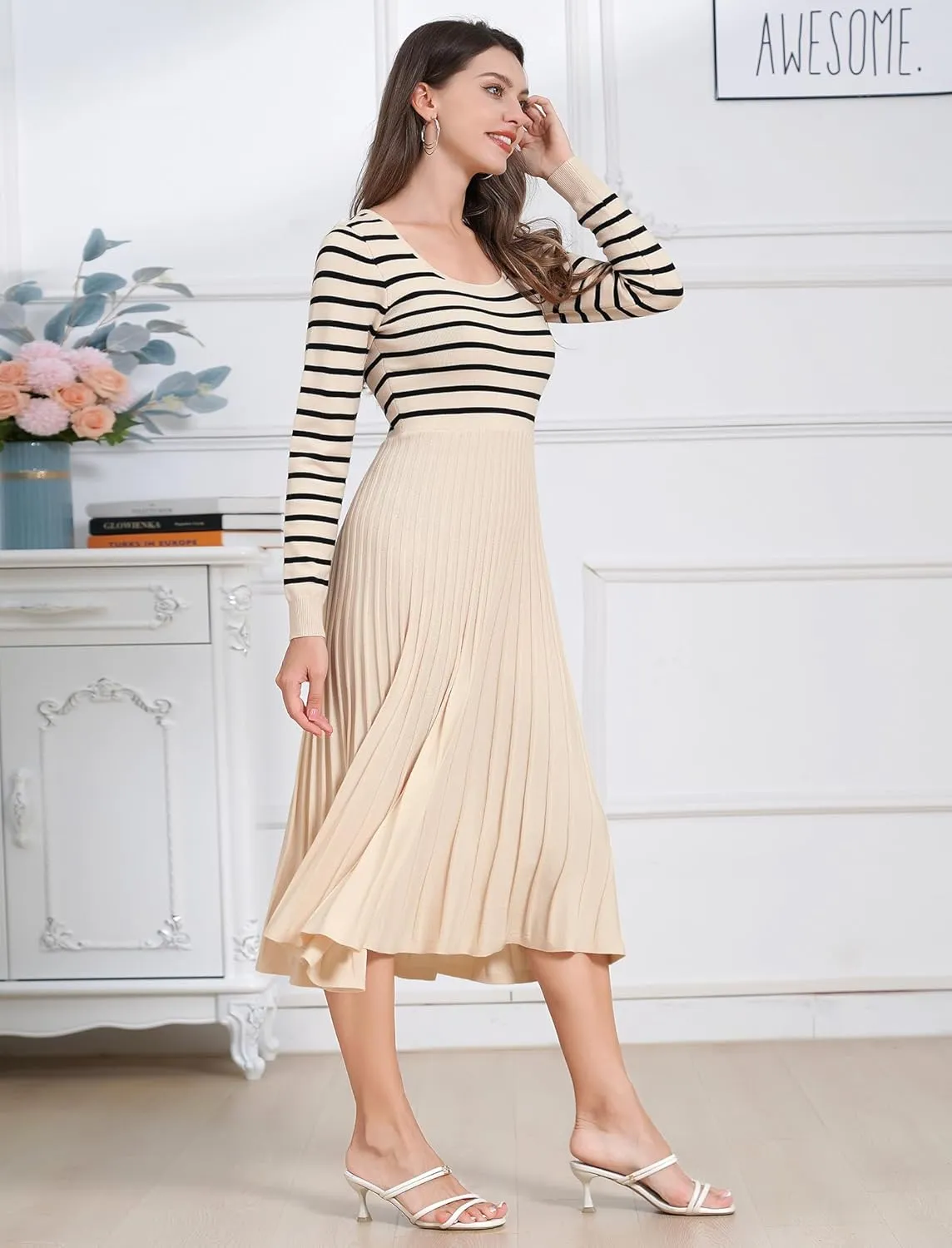 ODIZLI Women's Long Sleeve Knit Striped Sweater Dress Square Neck Pleated Ruffle Midi Dress Fall Winter