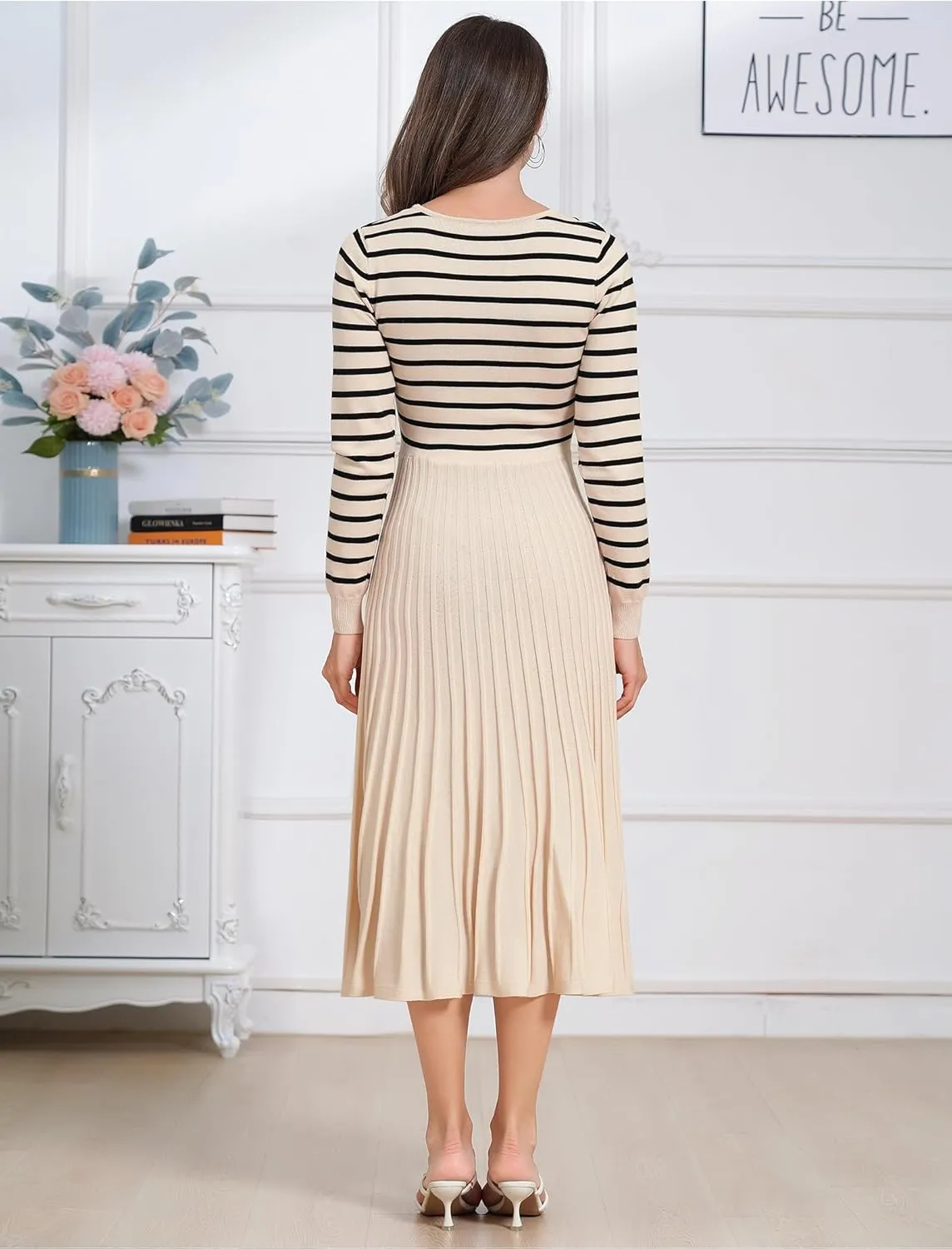 ODIZLI Women's Long Sleeve Knit Striped Sweater Dress Square Neck Pleated Ruffle Midi Dress Fall Winter