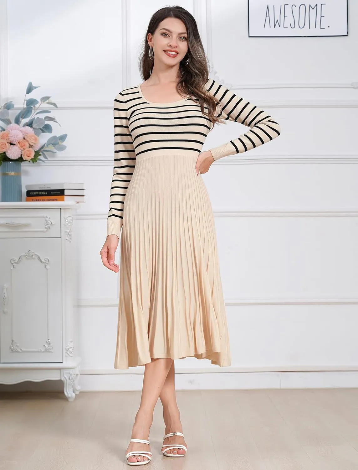 ODIZLI Women's Long Sleeve Knit Striped Sweater Dress Square Neck Pleated Ruffle Midi Dress Fall Winter