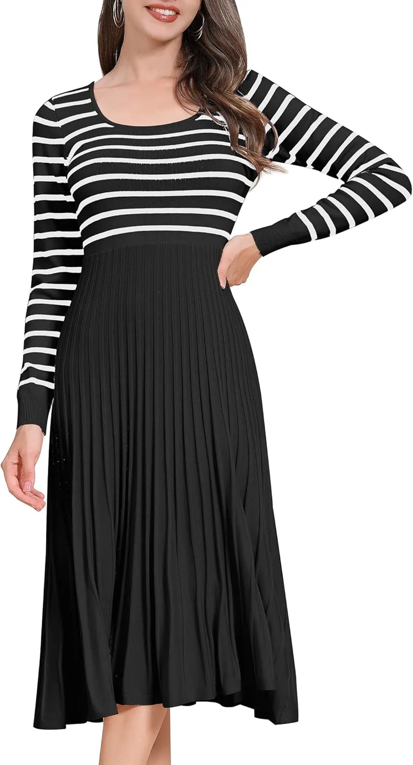 ODIZLI Women's Long Sleeve Knit Striped Sweater Dress Square Neck Pleated Ruffle Midi Dress Fall Winter