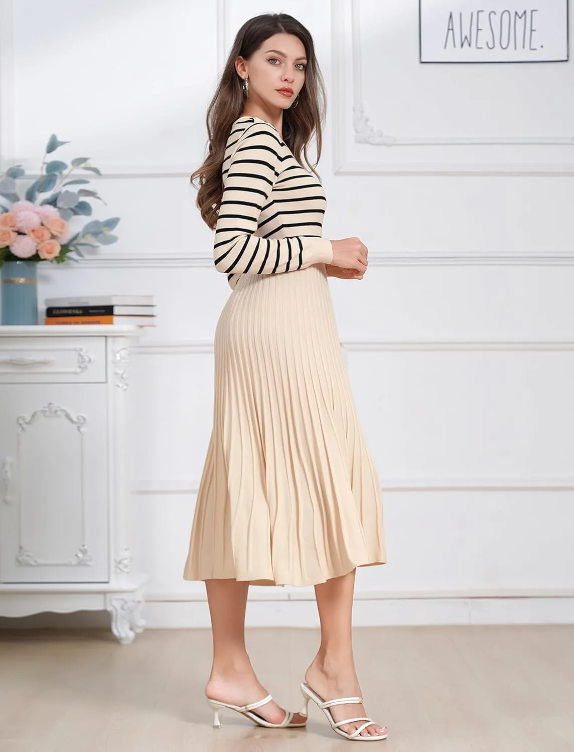 ODIZLI Women's Long Sleeve Knit Striped Sweater Dress Square Neck Pleated Ruffle Midi Dress Fall Winter