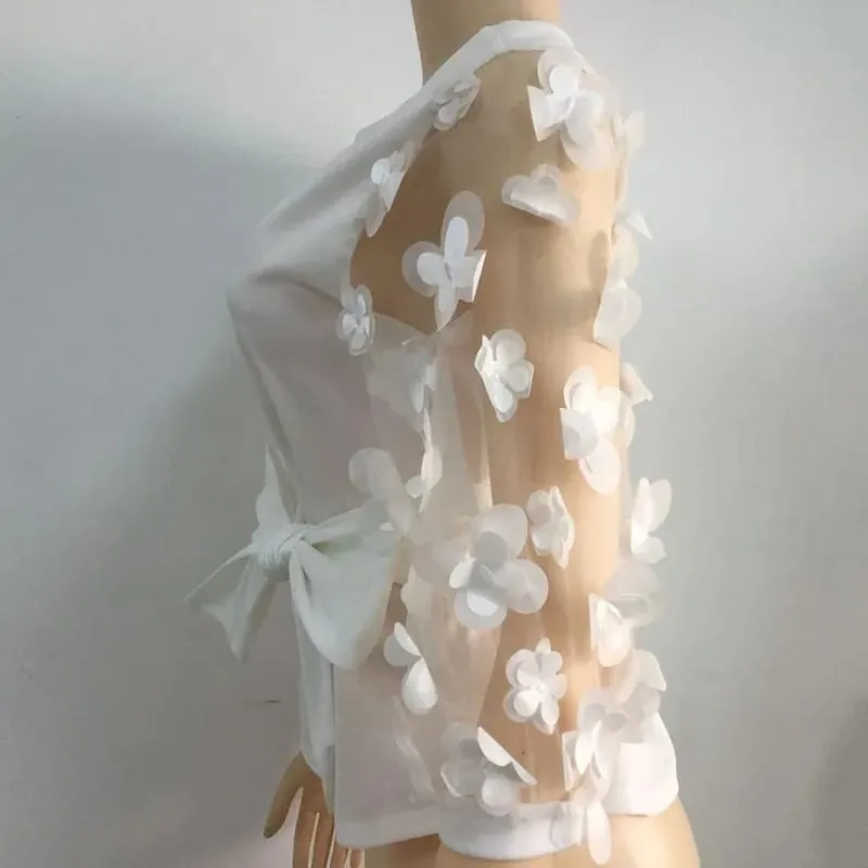 Office Ladies Summer White Work Blouse Plus Size Women Tops Shirt Mesh Flower Bow Tie Slim Elegant Fashion Female Bluas S3380308