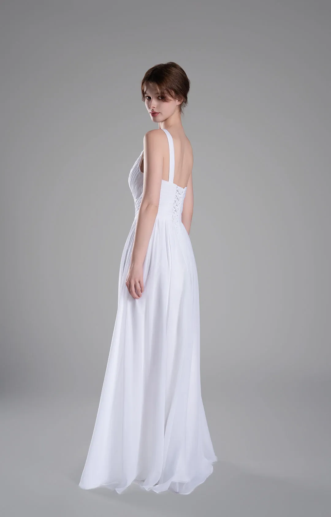 One-Shoulder Lace-Up Back Pleated A-Line Dresses