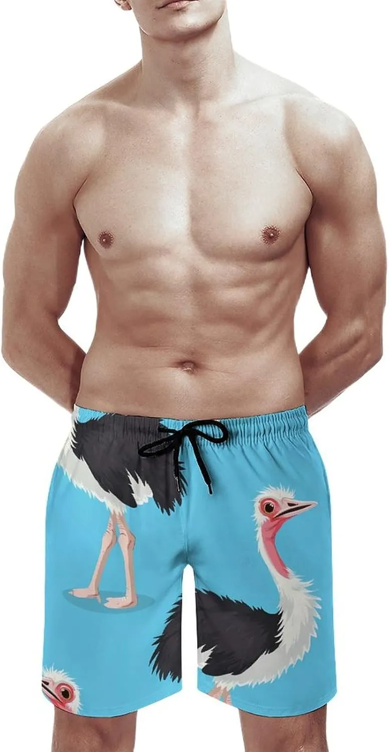 Ostrich Bird Print Men's Swim Trunks Quick Dry Board Shorts Breathable Summer Beach Shorts Bathing Suits