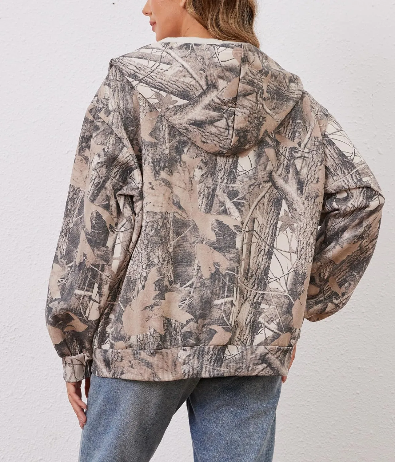 Oversized Camo Fleece Hoodies For Women Full Zip Up Sweatshirts Casual Long Sleeve Hooded Jackets With Pockets