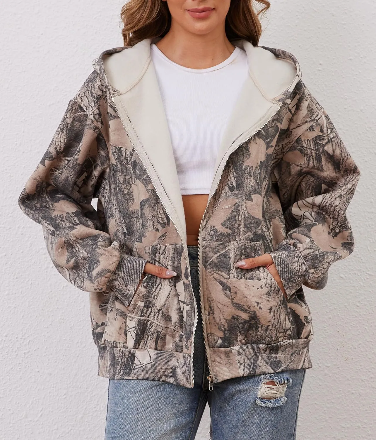 Oversized Camo Fleece Hoodies For Women Full Zip Up Sweatshirts Casual Long Sleeve Hooded Jackets With Pockets
