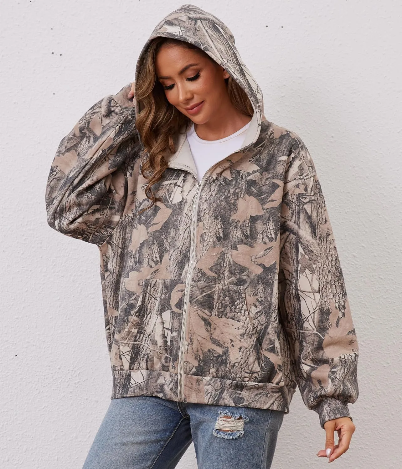 Oversized Camo Fleece Hoodies For Women Full Zip Up Sweatshirts Casual Long Sleeve Hooded Jackets With Pockets