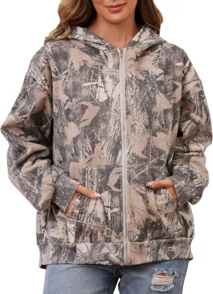 Oversized Camo Fleece Hoodies For Women Full Zip Up Sweatshirts Casual Long Sleeve Hooded Jackets With Pockets