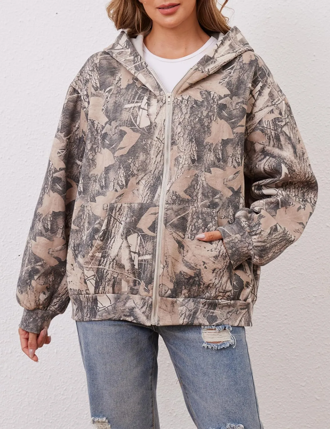 Oversized Camo Fleece Hoodies For Women Full Zip Up Sweatshirts Casual Long Sleeve Hooded Jackets With Pockets