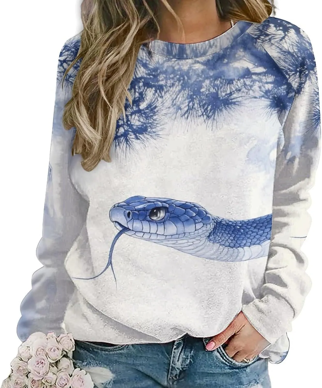 Oversized Crewneck Snake Print Sweatshirt for Women Graphic Long Sleeve Shirts Casual Pullover Trendy Tops