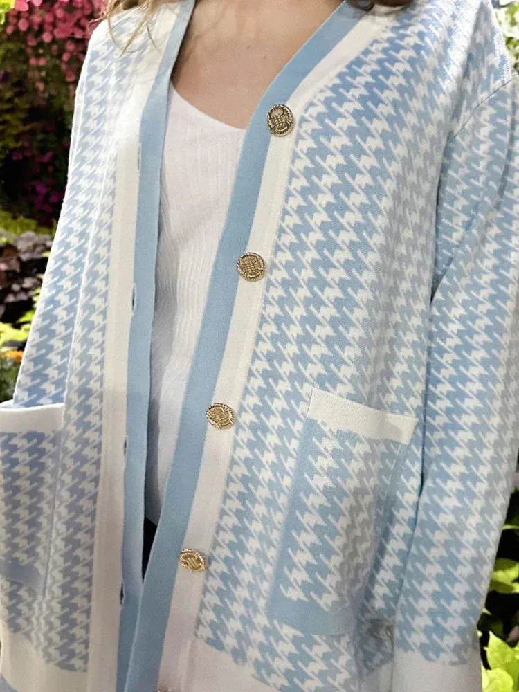 Oversized Loose Pockets Casual Houndstooth Knitted Fashion Sweater