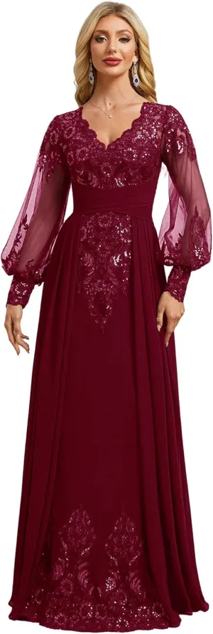 Pleated Mother of Bride Dresses Long Sleeve Chiffon Prom Dresses V-Neck Sequin Formal Evening Party Gown