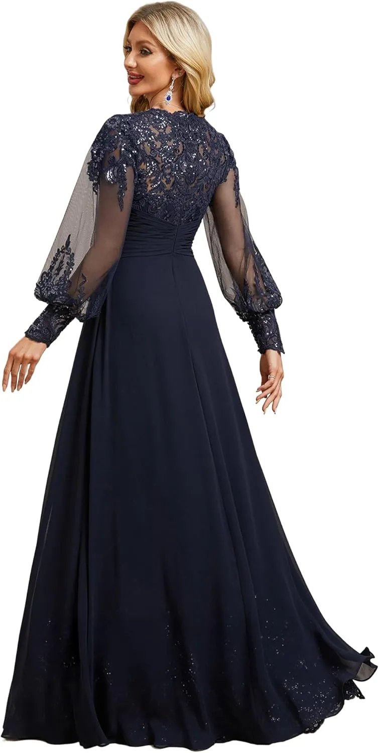 Pleated Mother of Bride Dresses Long Sleeve Chiffon Prom Dresses V-Neck Sequin Formal Evening Party Gown
