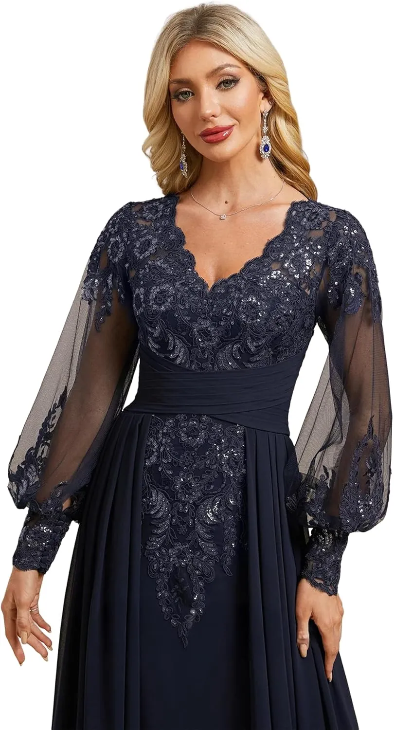 Pleated Mother of Bride Dresses Long Sleeve Chiffon Prom Dresses V-Neck Sequin Formal Evening Party Gown
