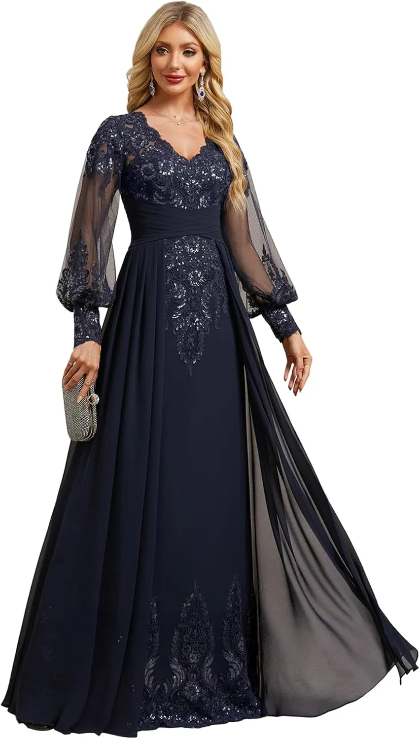 Pleated Mother of Bride Dresses Long Sleeve Chiffon Prom Dresses V-Neck Sequin Formal Evening Party Gown