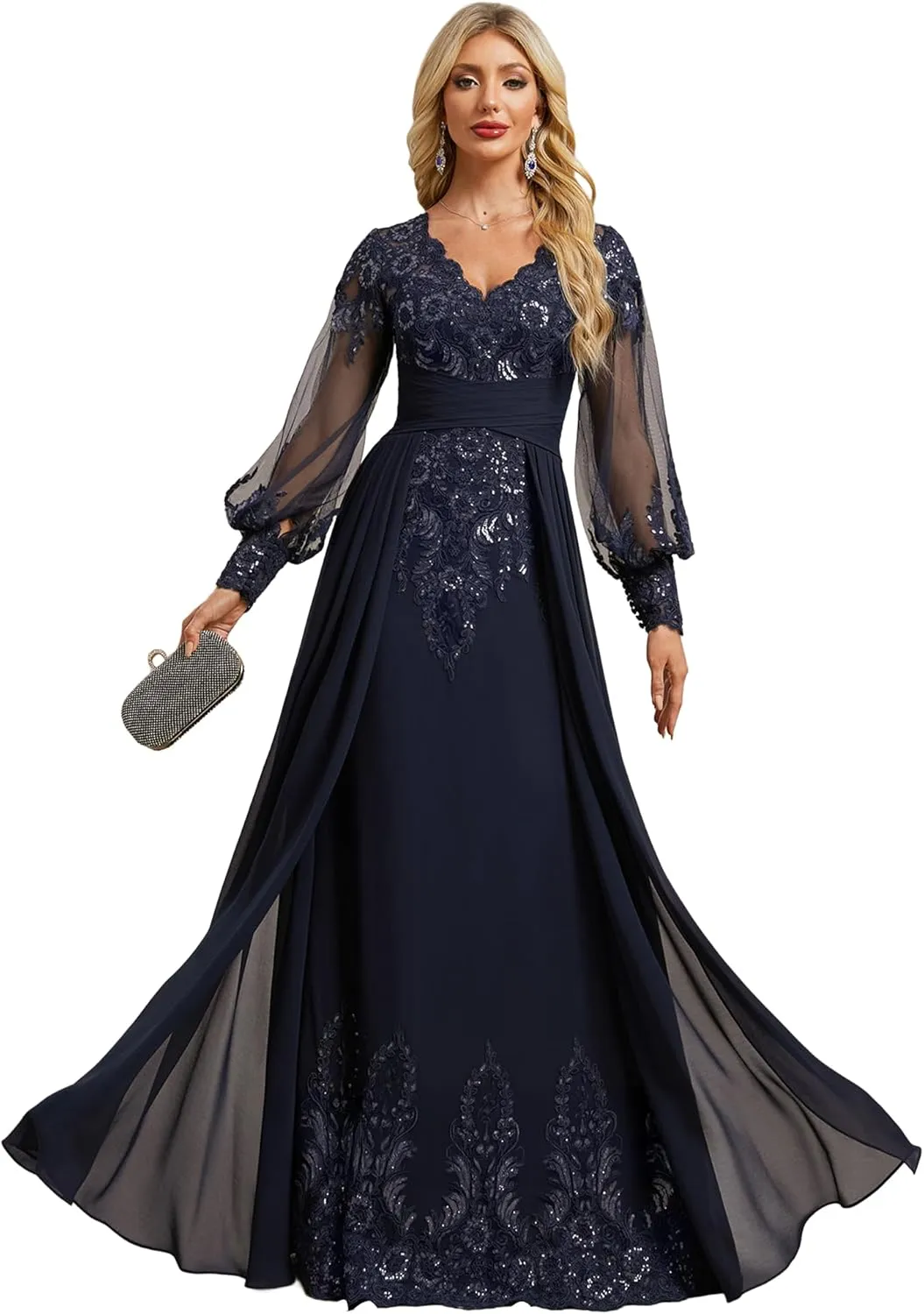 Pleated Mother of Bride Dresses Long Sleeve Chiffon Prom Dresses V-Neck Sequin Formal Evening Party Gown