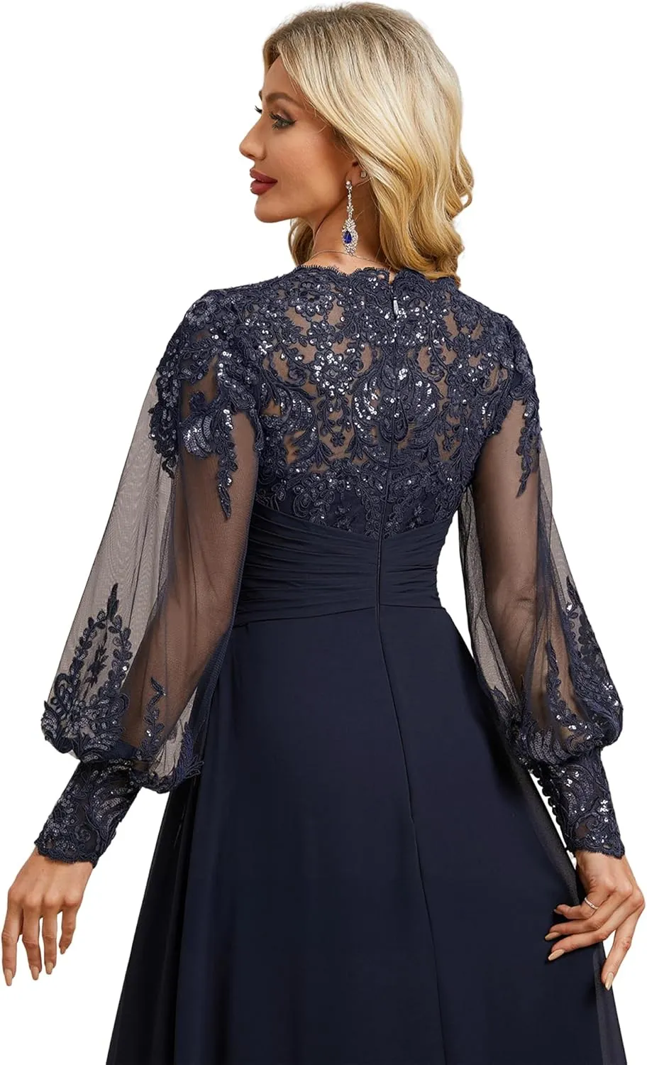 Pleated Mother of Bride Dresses Long Sleeve Chiffon Prom Dresses V-Neck Sequin Formal Evening Party Gown